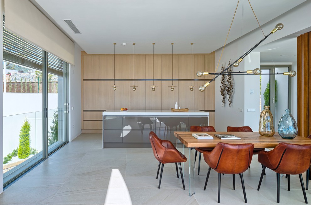 This is an example of a large contemporary single-wall open plan kitchen in Other with flat-panel cabinets, light wood cabinets and with island.