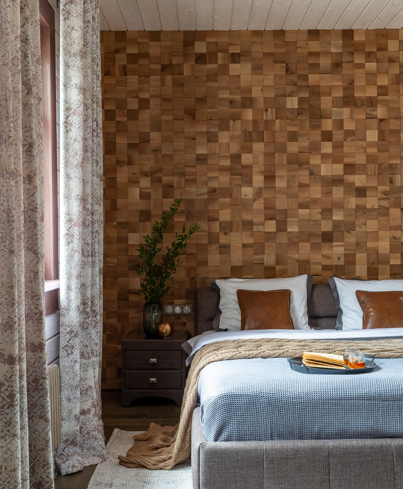 Contemporary master bedroom in Moscow with brown walls.
