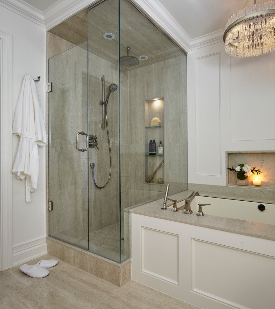 Small transitional bathroom in Toronto with a corner shower, a one-piece toilet, beige tile, porcelain tile, beige walls, porcelain floors, an undermount sink, quartzite benchtops, beige floor and a hinged shower door.
