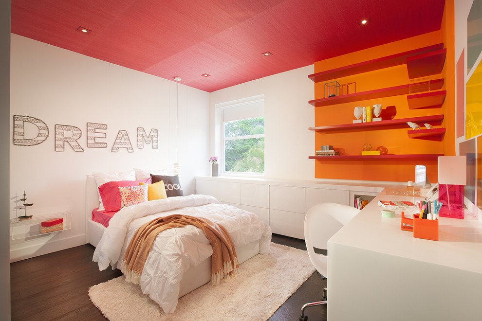 Inspiration for a contemporary kids' room for girls in Miami with white walls and dark hardwood floors.