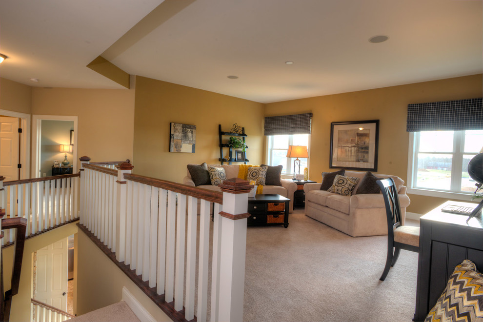 Photo of a large arts and crafts loft-style family room in Other with yellow walls and carpet.