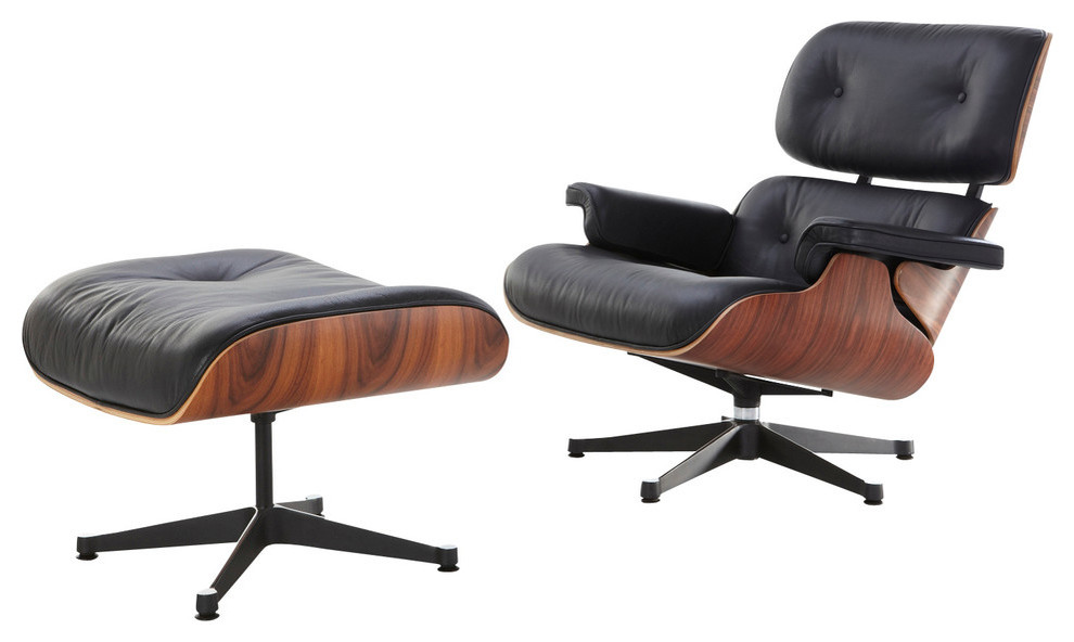 Midcentury Modern Lounge Chair and Ottoman, Black, Walnut, Aniline Leather