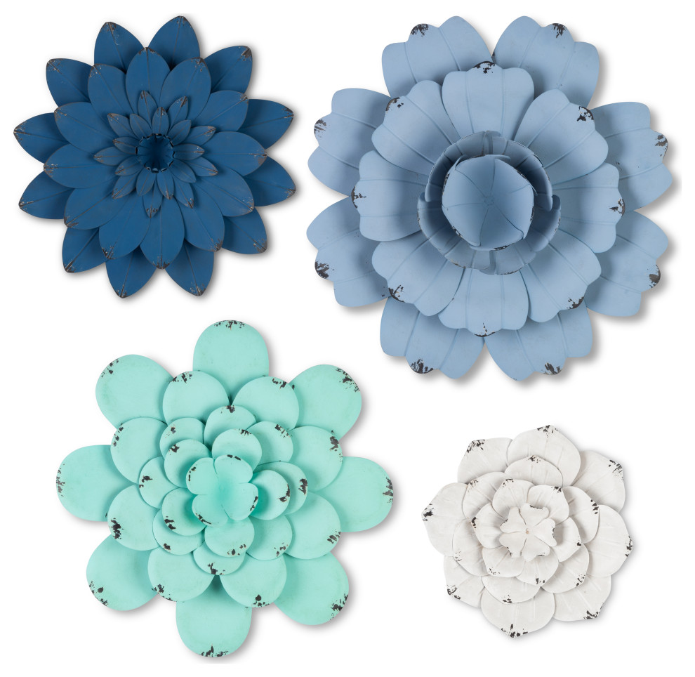 Assorted, Bold and Blue Metal Wall Flowers, Set of 5 Farmhouse