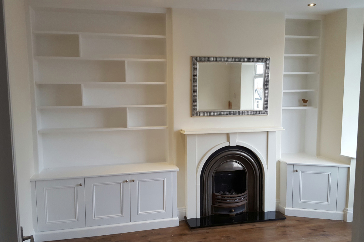 Wide and Narrow Classic Alcoves in White with an Angled Cupboard