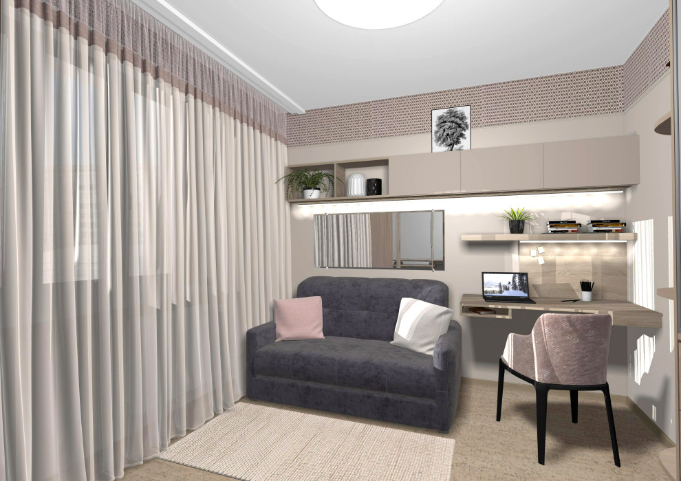 Гостиная с белой кухней