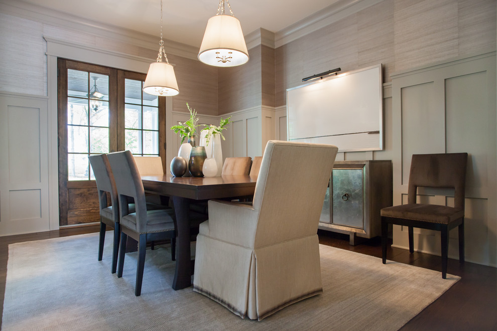 Inspiration for a transitional dark wood floor and brown floor dining room remodel in Chicago with beige walls