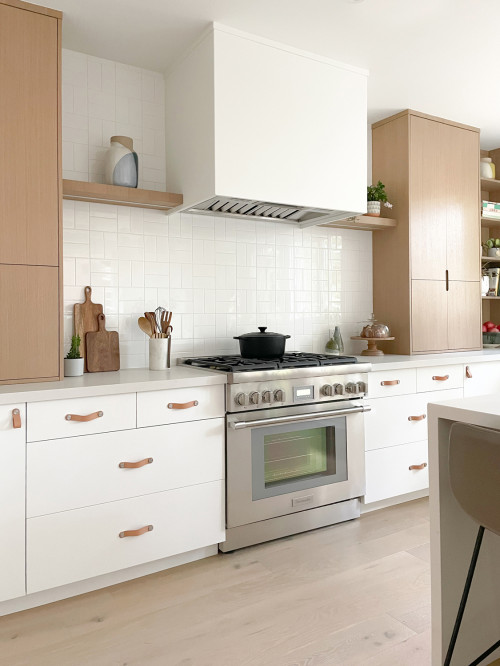 Achieve a Cohesive Look with Minimalist Kitchen Ideas: White and Wood Cabinets Paired with Basketweave Backsplash Tiles