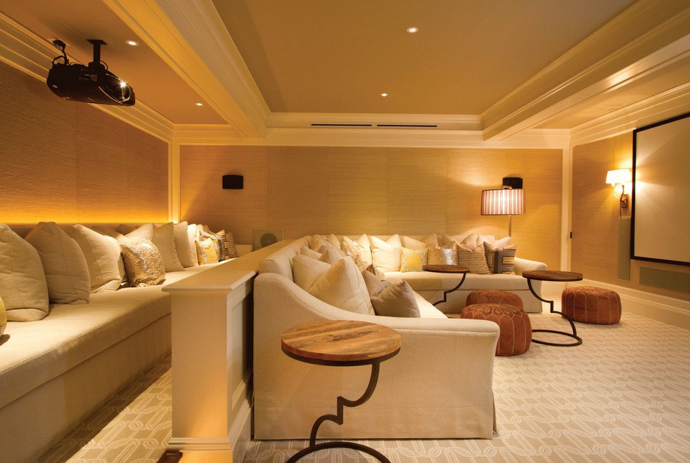 Inspiration for a traditional home theatre in New York with a projector screen and beige floor.