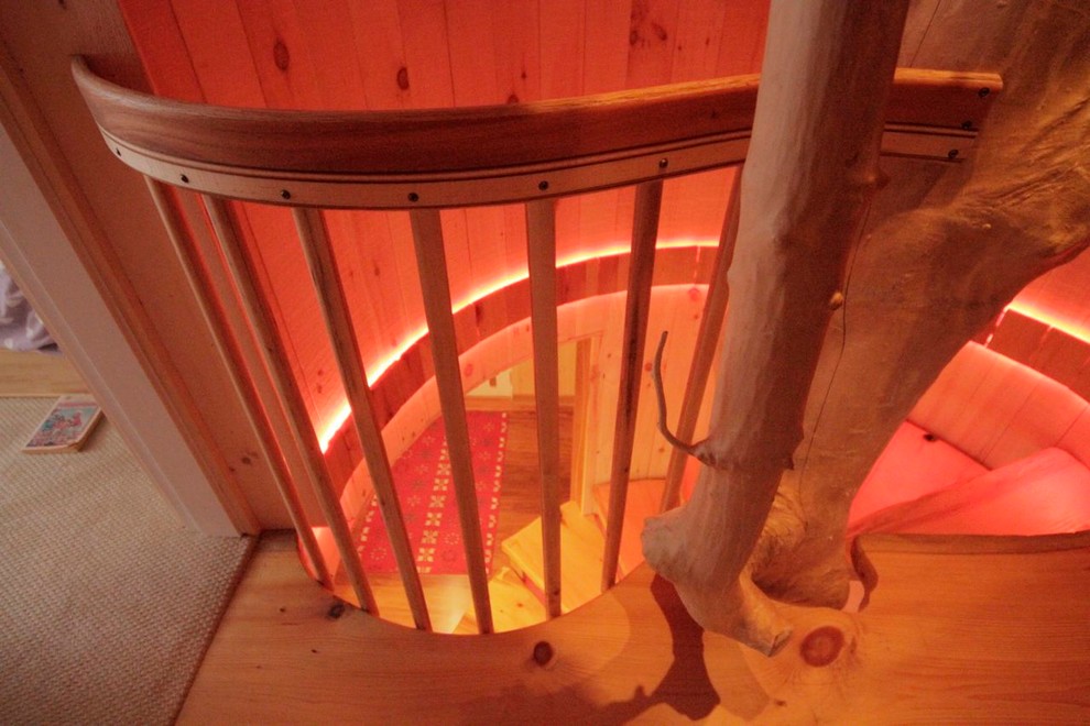 Staircase - mid-sized rustic wooden straight open and wood railing staircase idea in Burlington