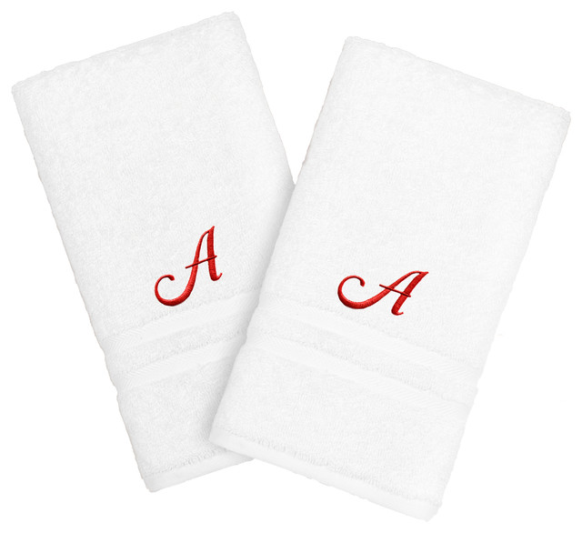 Denzi Hand Towels With Single Letter Red Script Monogram, Set of 2