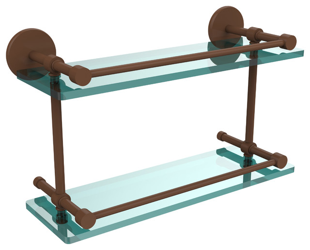 16" Tempered Double Glass Shelf With Gallery Rail Transitional Bathroom Shelves by