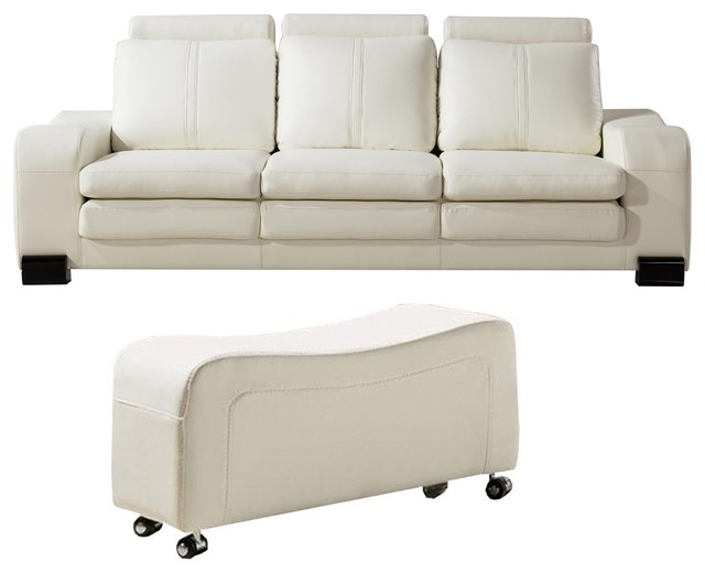 Faux Leather Upholstered Wooden Sofa And Ottoman Set, White