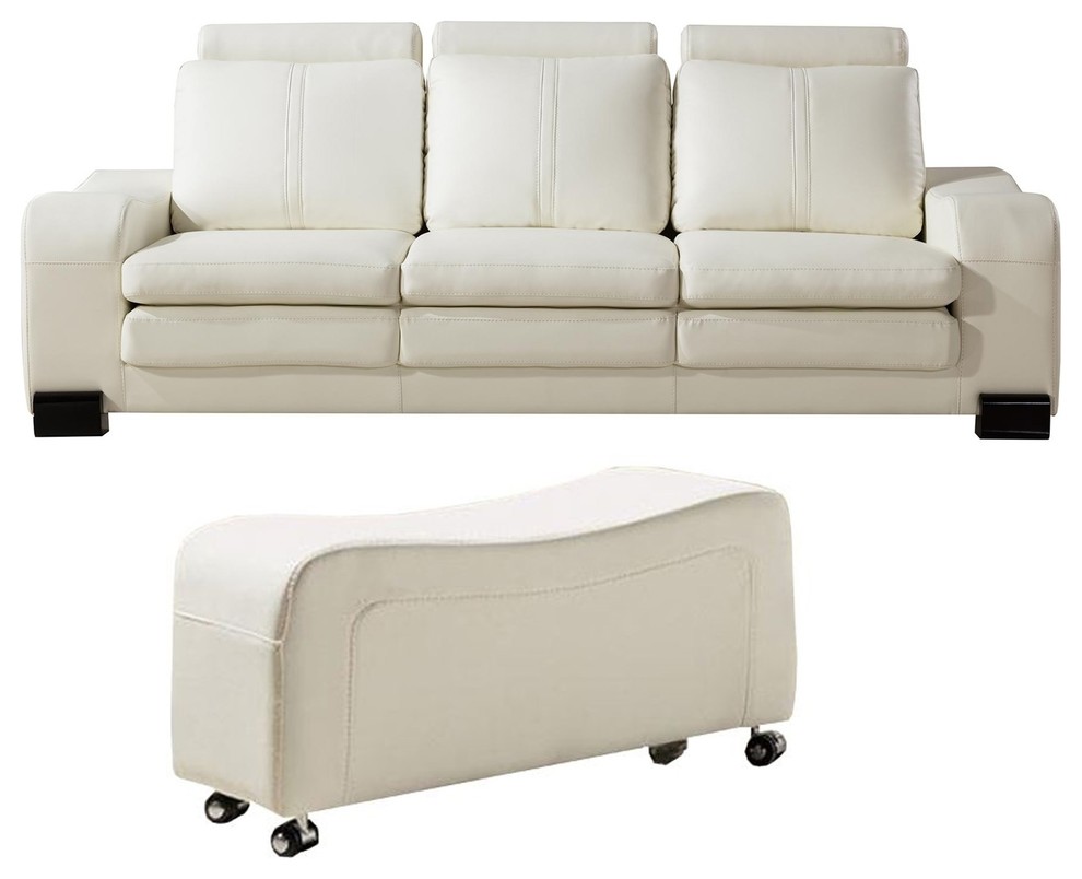 Faux Leather Upholstered Wooden Sofa And Ottoman Set, White