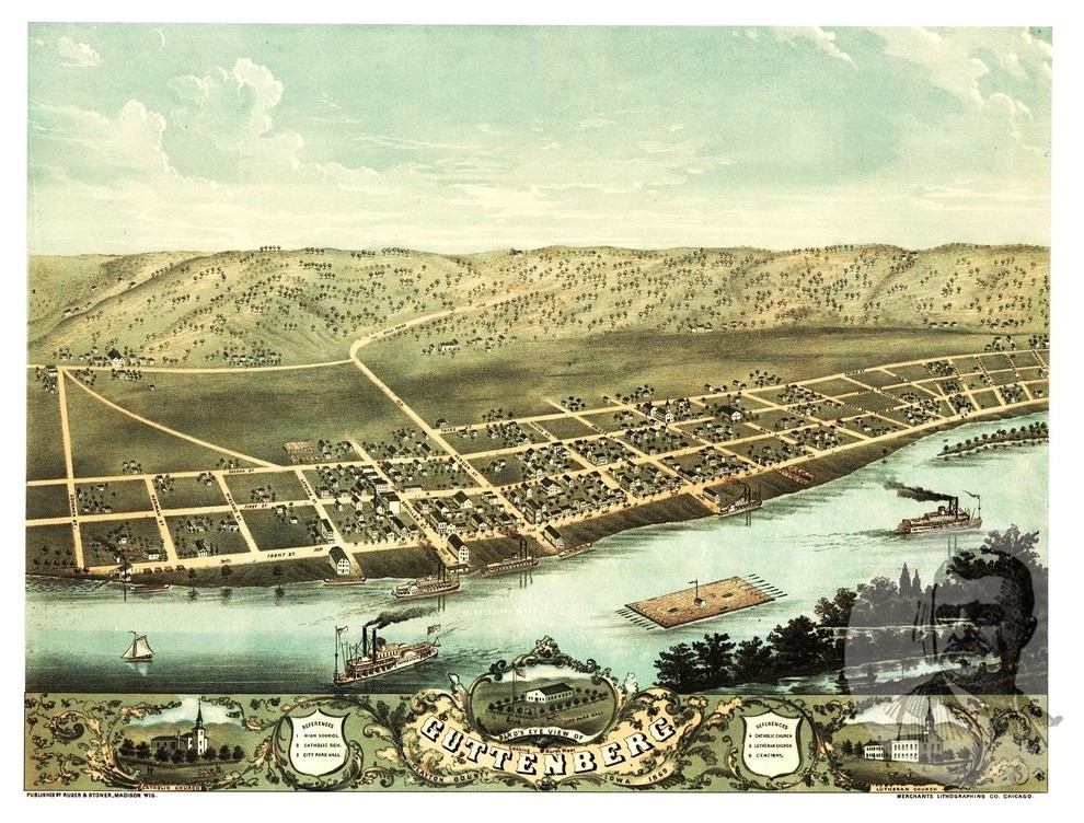 Old Map of Guttenberg Iowa 1869, Vintage Map Art Print, 18"x24