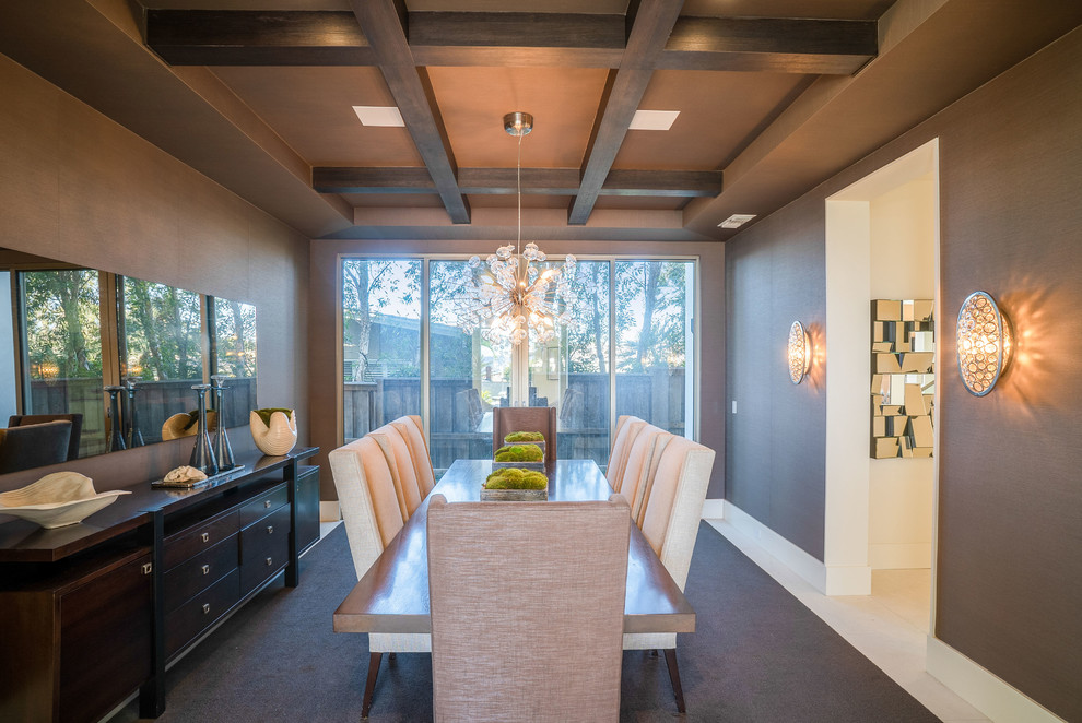 Inspiration for a mid-sized contemporary separate dining room in Los Angeles with brown walls, limestone floors, no fireplace and white floor.