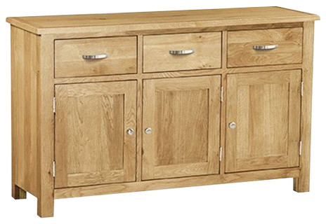 Traditional Sideboard, Oak Light Lacquered Solid Wood 3-Door and 3-Drawer