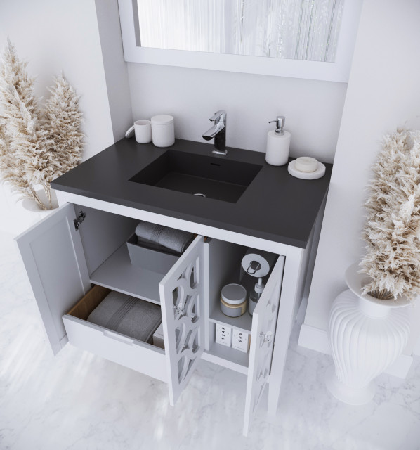 Mediterraneo 36" White Bathroom Vanity With Matte Black Solid Surface ...