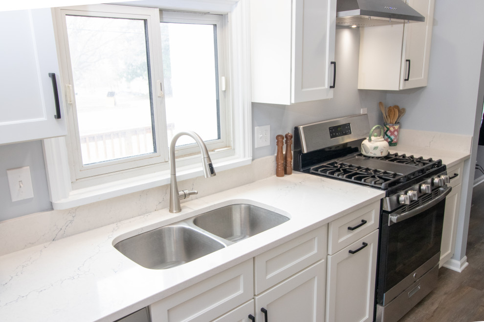Inspiration for a mid-sized transitional galley vinyl floor and brown floor eat-in kitchen remodel with an undermount sink, flat-panel cabinets, white cabinets, quartzite countertops, stainless steel appliances, an island and white countertops
