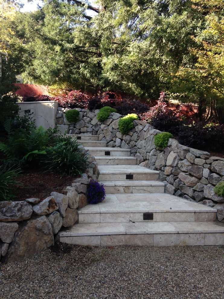 This is an example of a mid-sized transitional sloped shaded garden for fall in San Francisco with natural stone pavers.