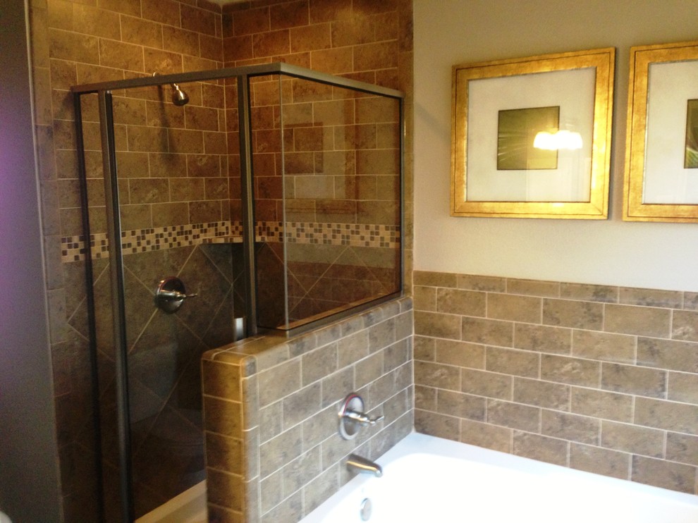 Inspiration for a small traditional master bathroom in Austin with an alcove tub, a corner shower, brown tile, ceramic tile, beige walls and ceramic floors.