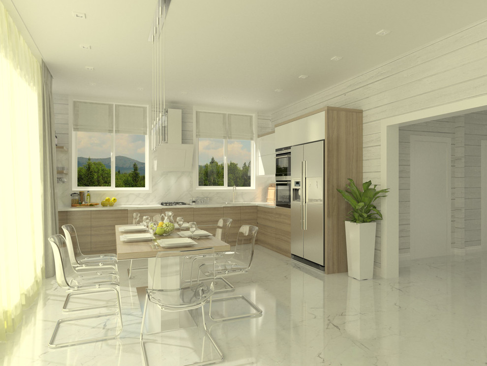 Интерьер кухни-гостиной в загородном доме из клееного бруса, г. Ижевск