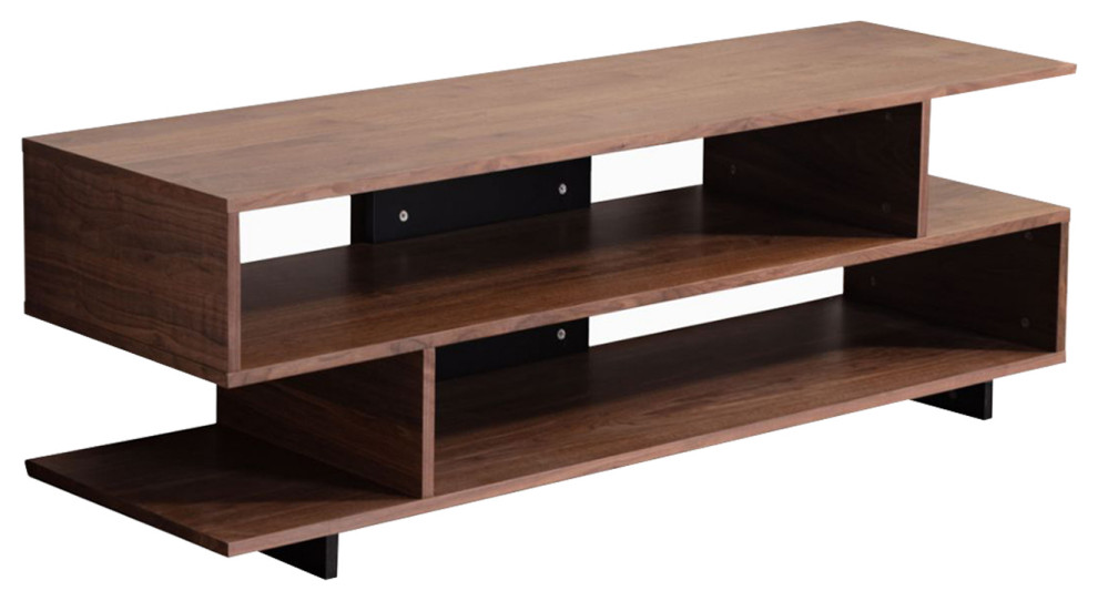 Particle Board TV Stand With 2 Levels of Shelves, Brown Walnut Finish