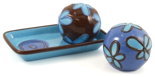 Round Ball Blue Flower Salt & Pepper Shaker Set with Tray