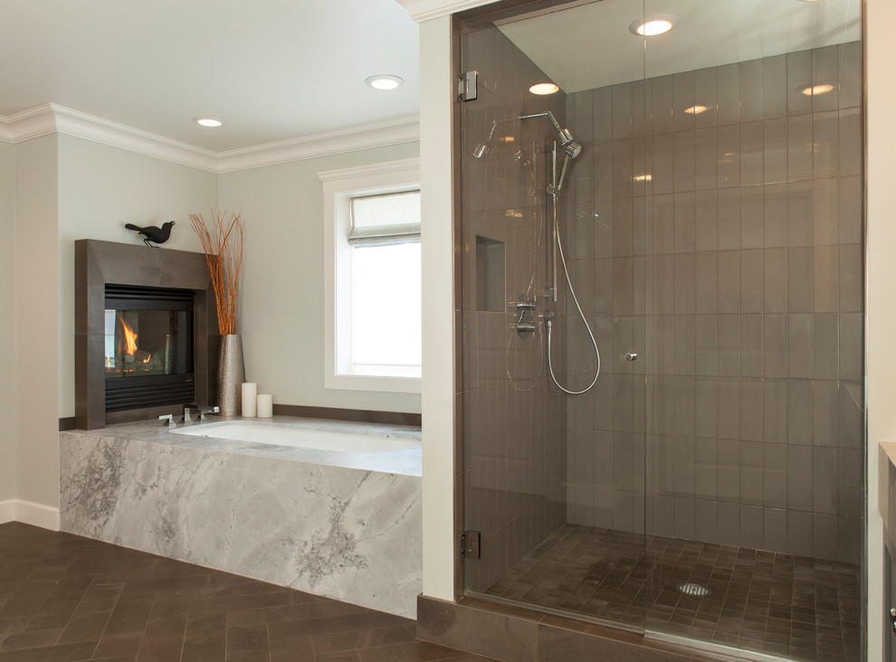 Expansive transitional master bathroom in Seattle with shaker cabinets, white cabinets, granite benchtops, an undermount tub, an alcove shower and marble floors.