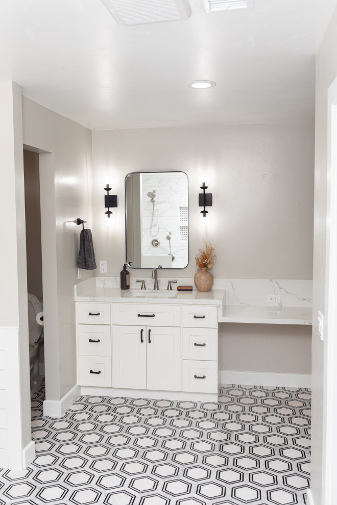 Inspiration for a large country ensuite bathroom in San Diego with shaker cabinets, white cabinets, a freestanding bath, a corner shower, white tiles, ceramic tiles, grey walls, vinyl flooring, a built-in sink, quartz worktops, grey floors, an open shower, white worktops, a shower bench, double sinks and a built in vanity unit.