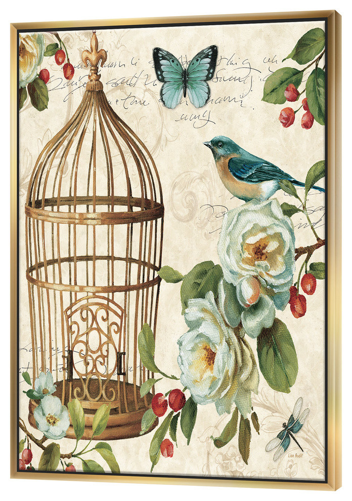 Designart Blue Bird Birdcage Apple Blossoms I Print Canvas Art, Gold, 16x32