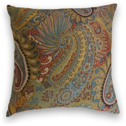 Turquoise, Coral, Gold Paisley Floral Throw, 18x18 Pillow Cover