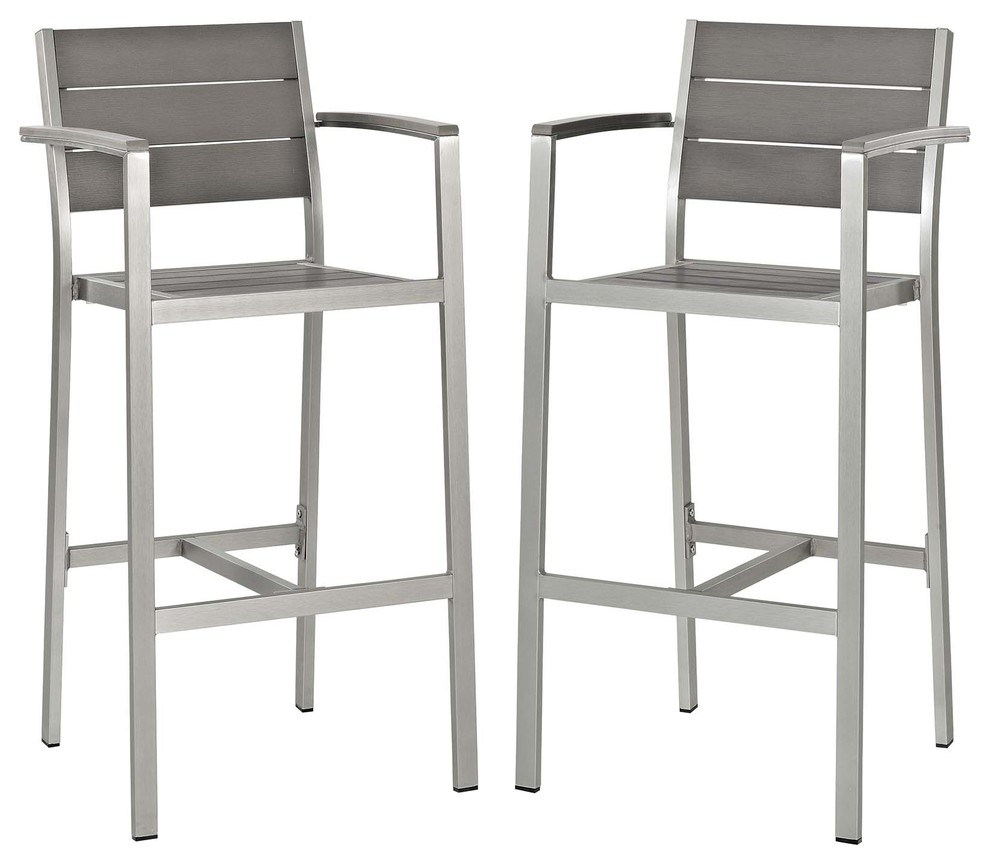 Modern Outdoor Bar Stool Set, Set of 2, Aluminum Metal, Gray