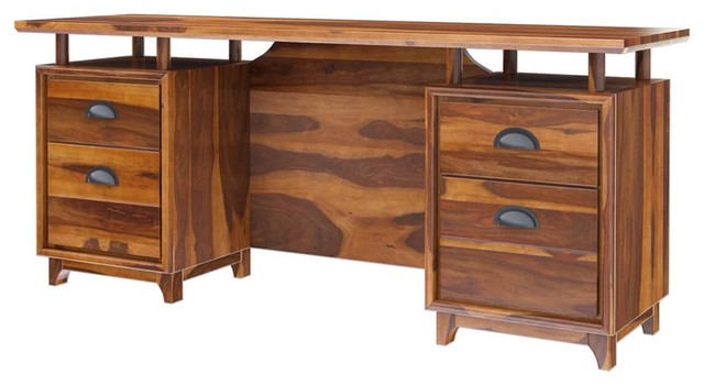 Hondah Rustic Solid Wood Desk With File Cabinet Set Transitional