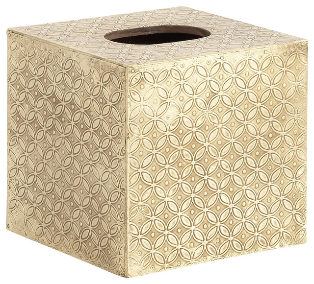 Modern Reflections Wood Brass Square Tissue Box, White Traditional