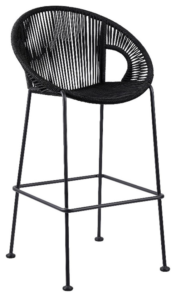 Indoor Outdoor Bar Stool with Rounded Rope Woven Seat Black