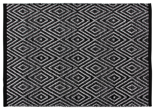 Handwoven Black Diamonds Cotton Rug, 60x90 Cm