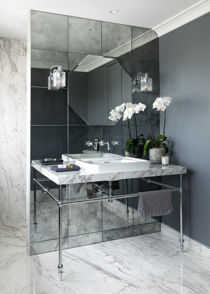 Inspiration for a mid-sized transitional master bathroom in Auckland with open cabinets, white cabinets, an alcove shower, gray tile, mirror tile, grey walls, porcelain floors, a vessel sink, tile benchtops, white floor, an open shower, white benchtops, a niche, a single vanity and a floating vanity.
