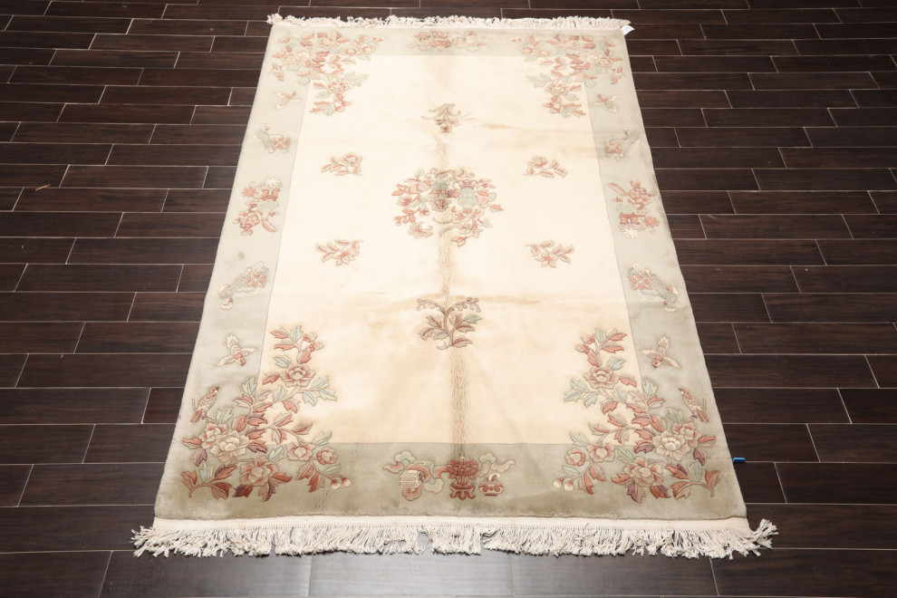 6'x9' Hand Knotted Wool Aubusson Savonnerie Oriental Area Rug Ivory, Gray