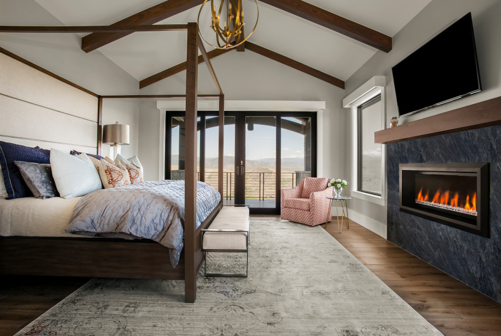 Example of a large transitional master dark wood floor and brown floor bedroom design in Salt Lake City with gray walls, a standard fireplace and a stone fireplace