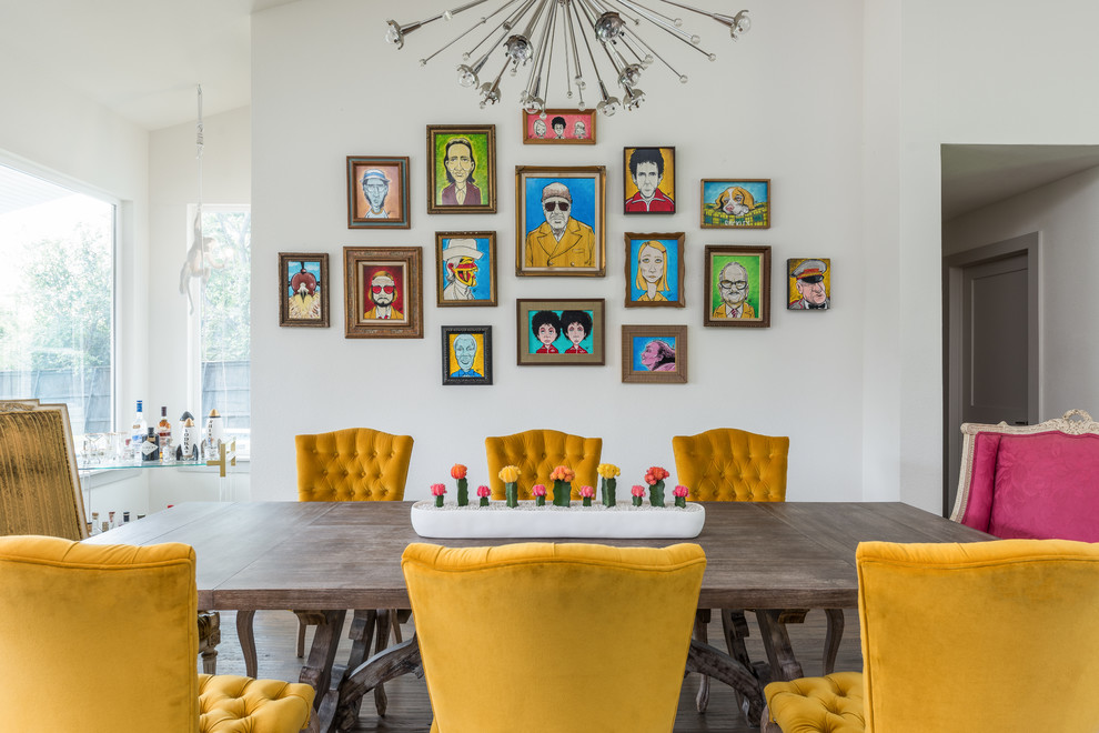 Eclectic open plan dining in Dallas with white walls.