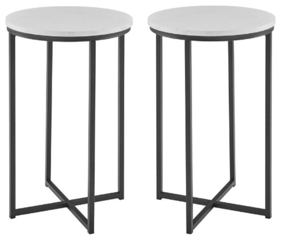 Home Square Round End Table in Faux White Marble & Black Set of 2