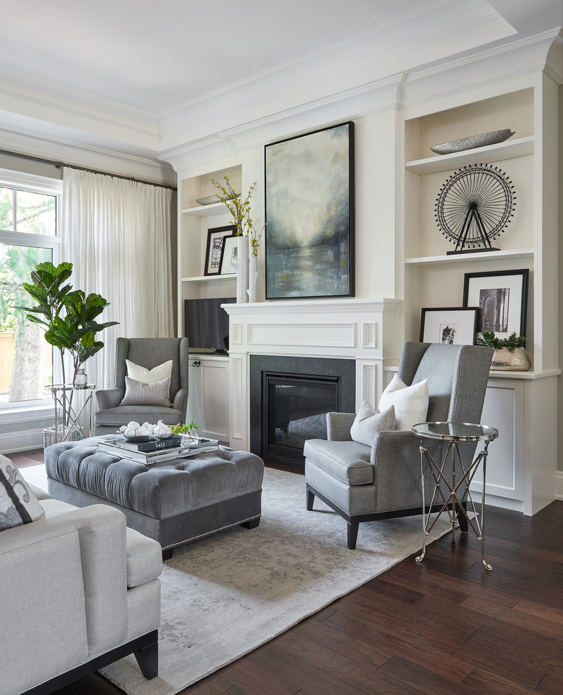 Mid-sized transitional formal open concept living room in Toronto with grey walls, a standard fireplace, a stone fireplace surround, dark hardwood floors, no tv and brown floor.