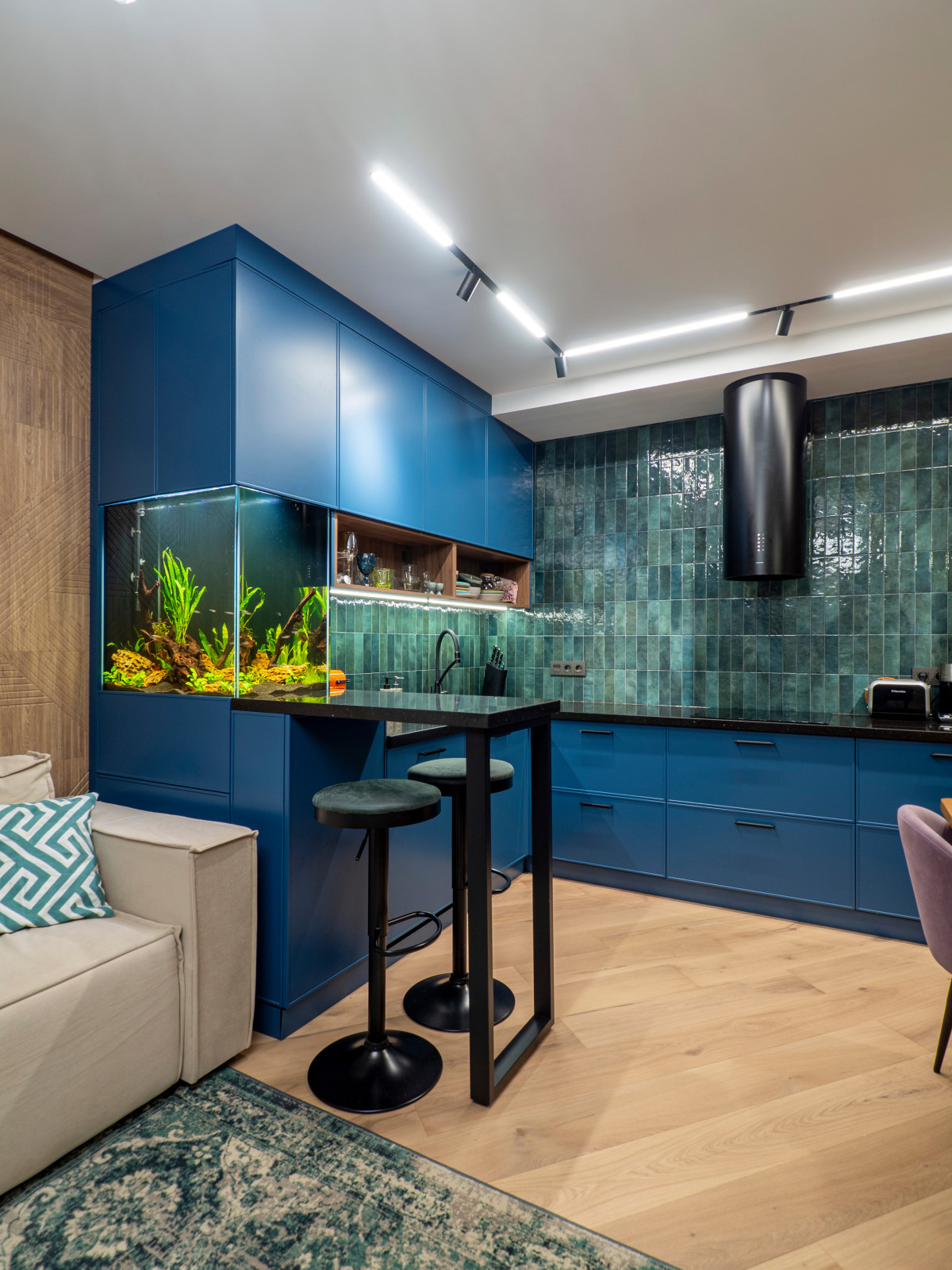 Кухня в современном стиле со встроенным аквариумом