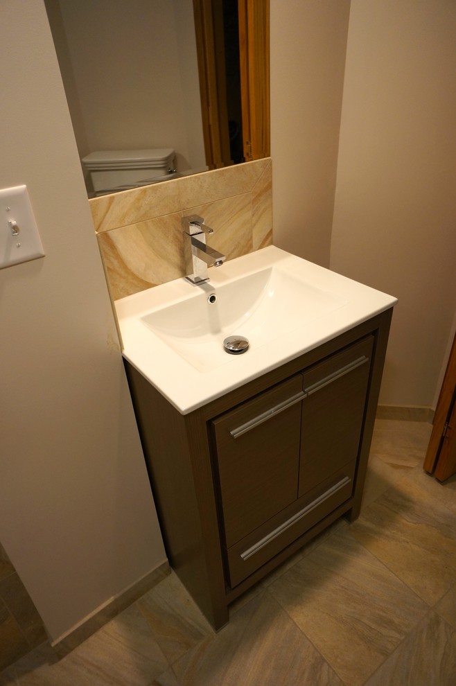 Small eclectic 3/4 beige tile and ceramic tile porcelain tile alcove shower photo in Minneapolis with an integrated sink, furniture-like cabinets, dark wood cabinets, quartz countertops, a two-piece toilet and beige walls