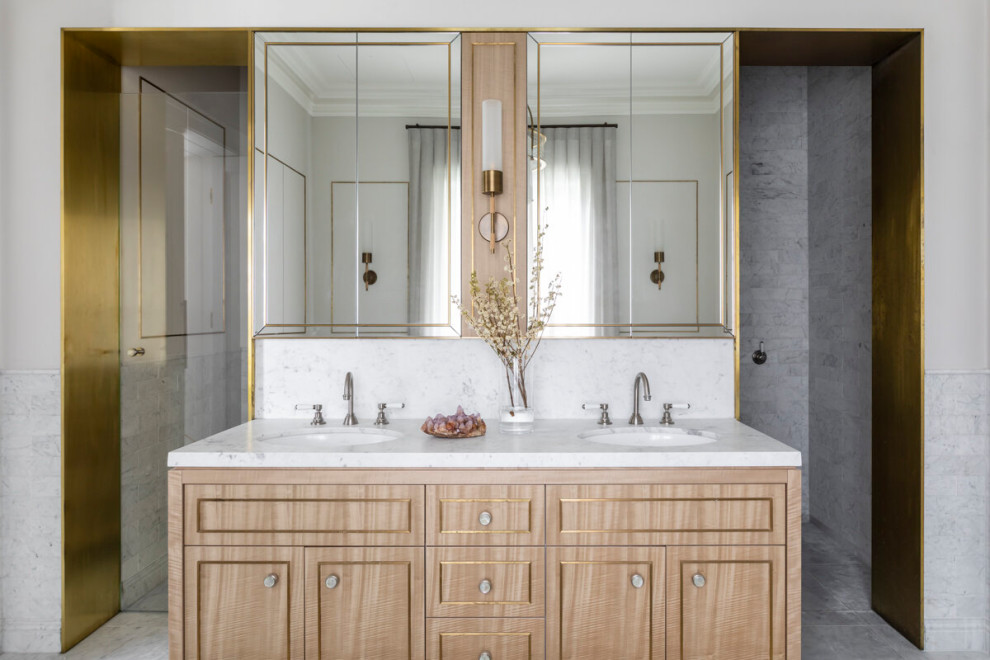 Transitional bathroom in Sydney with recessed-panel cabinets, light wood cabinets, white tile, white walls, an undermount sink, grey floor, white benchtops, a double vanity and a built-in vanity.