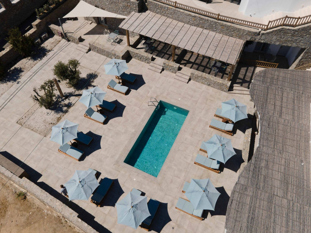 Ispirazione per una grande piscina monocorsia contemporanea rettangolare in cortile con paesaggistica bordo piscina e piastrelle