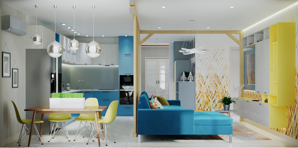 Гостиная с синим диваном