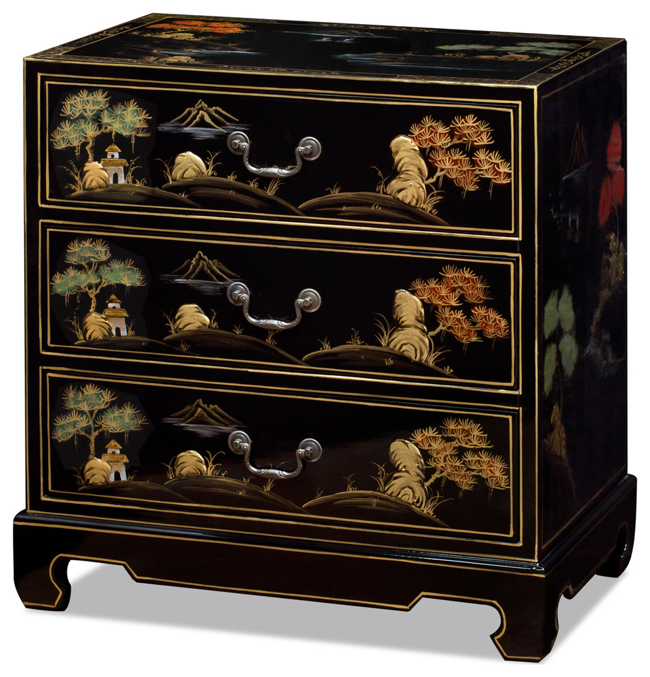 Black Lacquer Chinoiserie Scenery Motif Oriental Chest Asian Accent Chests And Cabinets By