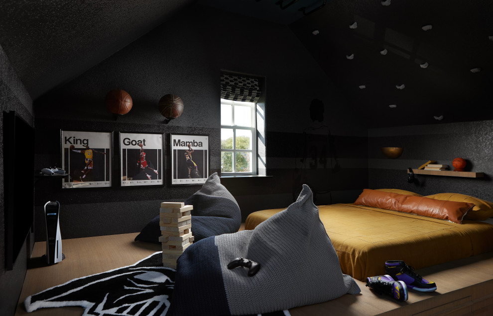 Barrel & Beam - Example of a bedroom transitional boy light wood floor, beige floor and wallpaper kids' bedroom design in Dallas with black walls
