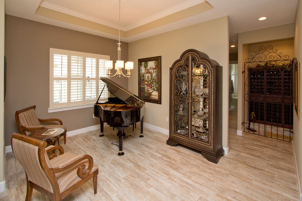 Photo of a mid-sized traditional open plan dining in Orlando with beige walls, ceramic floors and no fireplace.